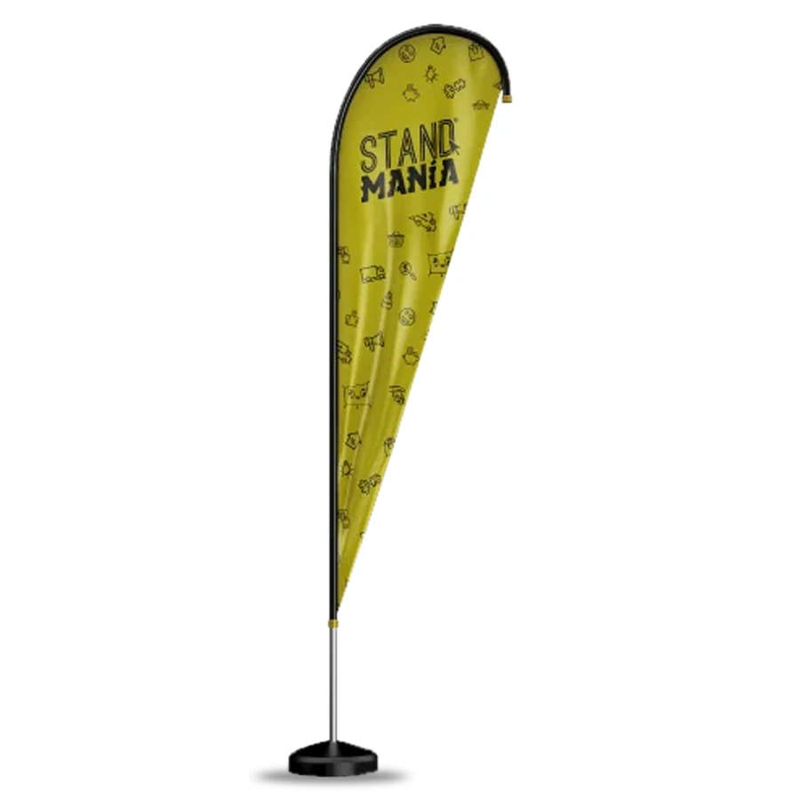 Tienda de stands y material display en Toluca , bandera tipo gota de color amarillo con un soporte de color oscuro con el logo de standmania.