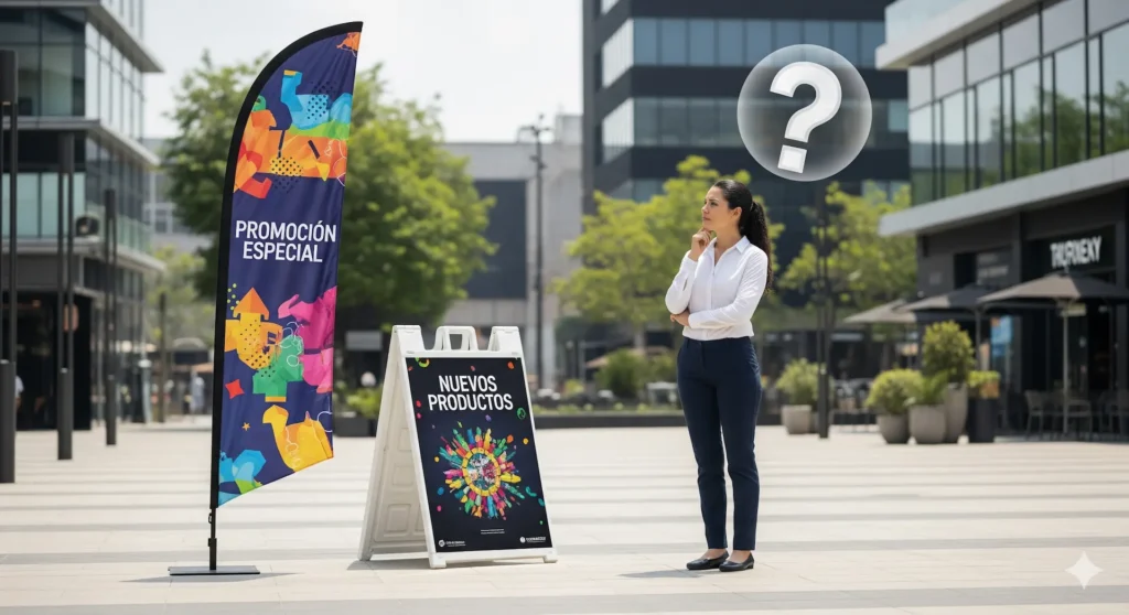 Bandera publicitaria tipo pluma ondeando frente a local comercial atrayendo la atención de conductores. |