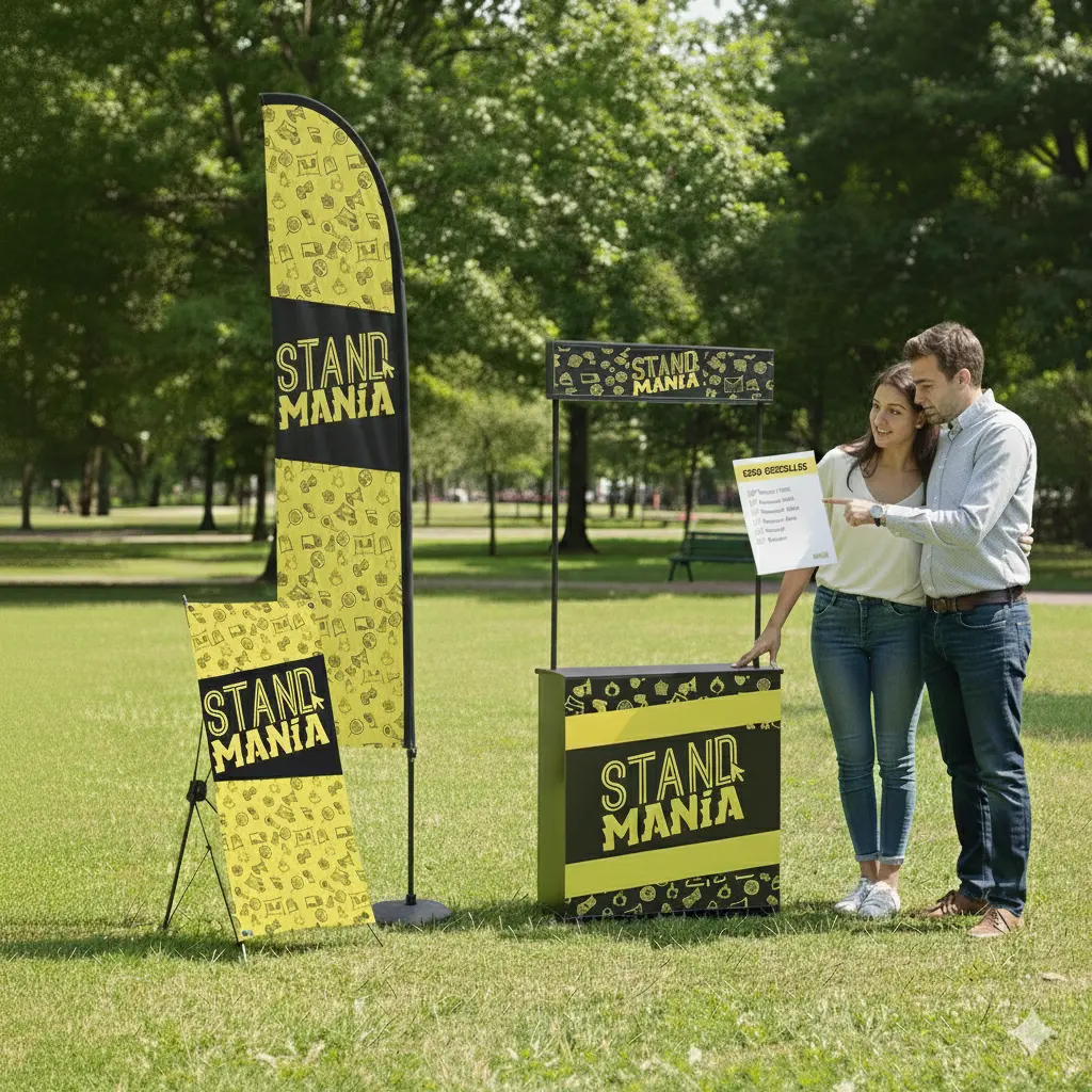 Kit de displays publicitarios para expo incluyendo Roll Up, Muro Gráfico y Demo Stand.