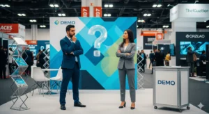 Muro Gráfico vs. Demo Stand | Montaje de stand completo combinando muro gráfico araña y mostrador demo stand