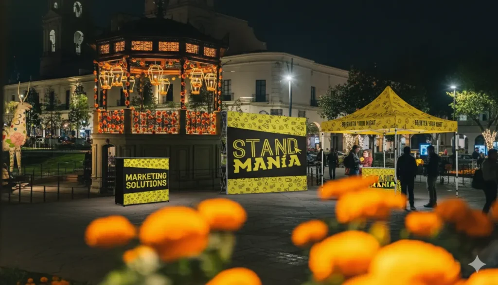 Montaje de stand publicitario moderno con muro gráfico y mostrador en una expo, stands publicitarios para expos