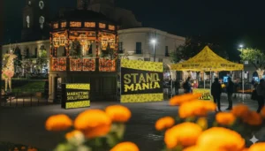Montaje de stand publicitario moderno con muro gráfico y mostrador en una expo, stands publicitarios para expos